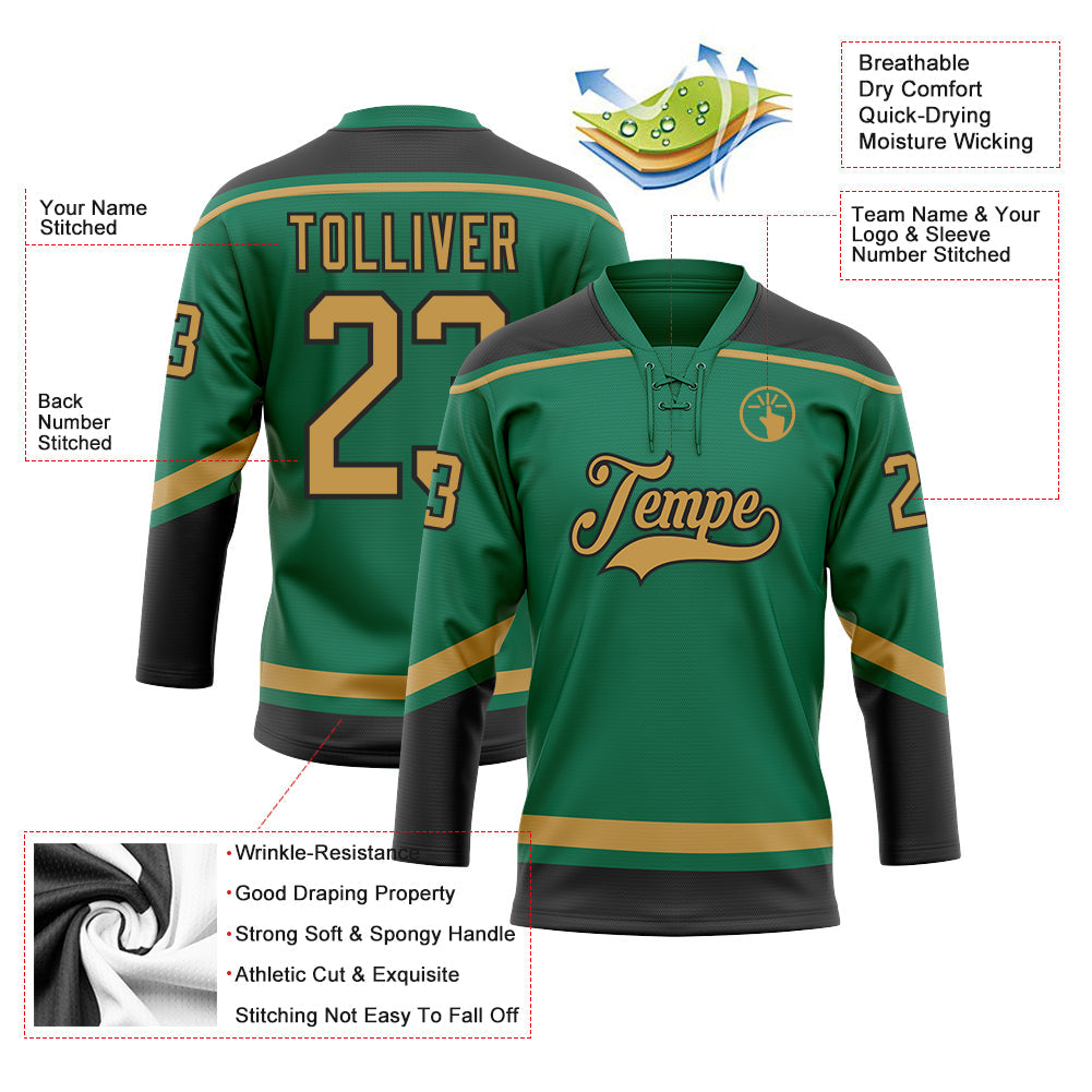 Custom Kelly Green Old Gold-Black Hockey Lace Neck Jersey - Sky-Custom