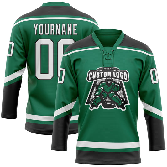 Custom Kelly Green White-Black Hockey Lace Neck Jersey - Sky-Custom