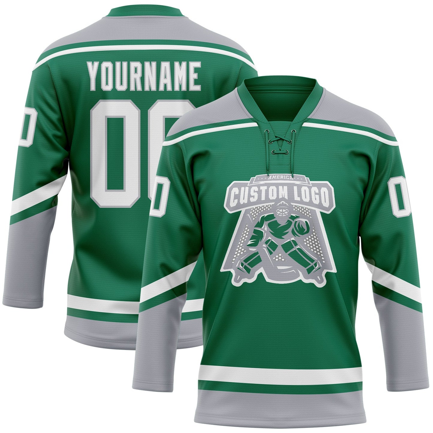 Custom Kelly Green White-Gray Hockey Lace Neck Jersey - Sky-Custom