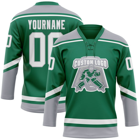 Custom Kelly Green White-Gray Hockey Lace Neck Jersey - Sky-Custom