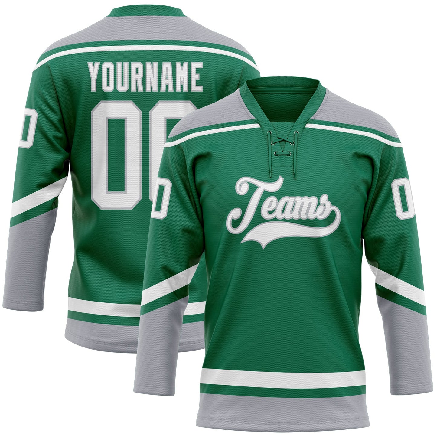 Custom Kelly Green White-Gray Hockey Lace Neck Jersey - Sky-Custom