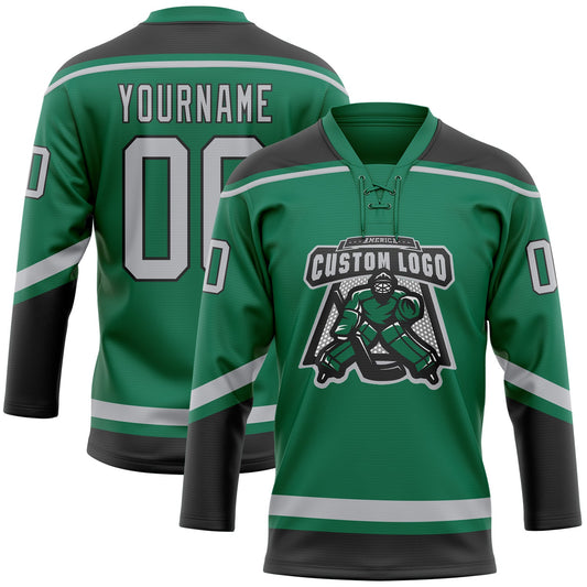 Custom Kelly Green Gray-Black Hockey Lace Neck Jersey - Sky-Custom