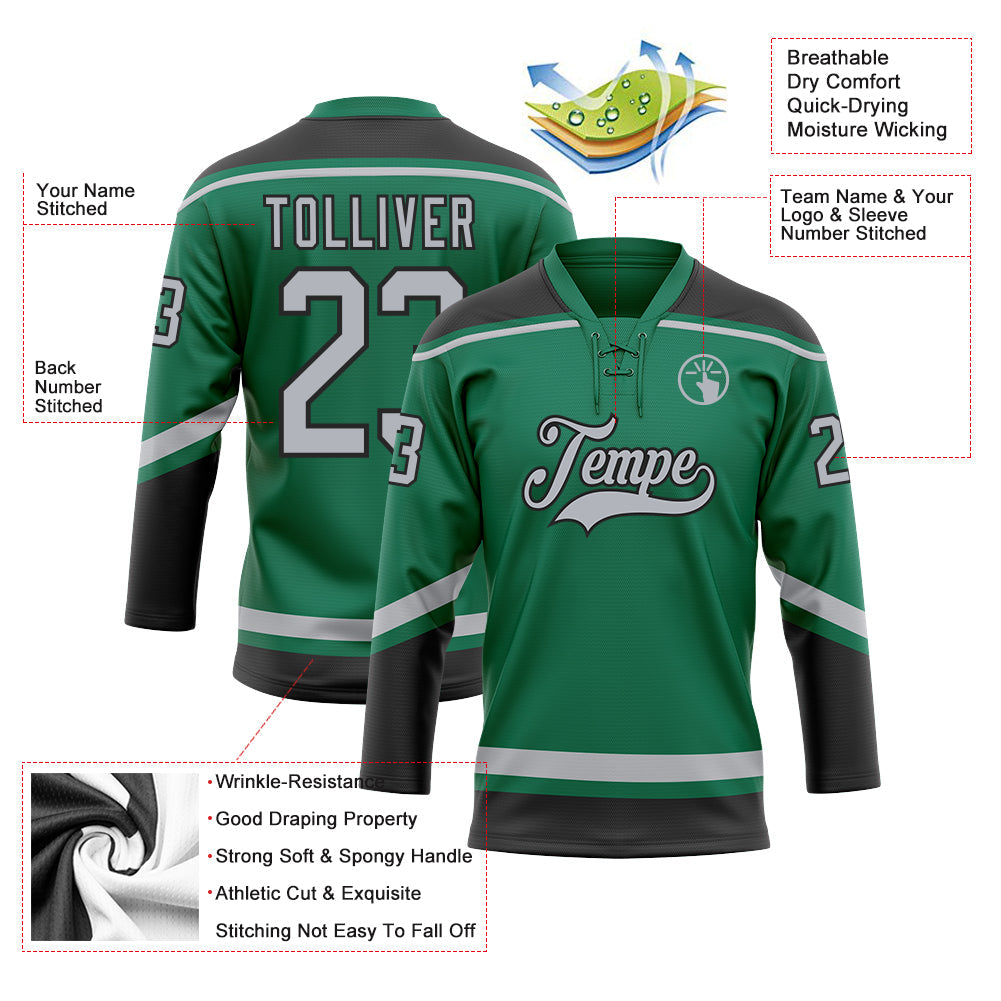 Custom Kelly Green Gray-Black Hockey Lace Neck Jersey - Sky-Custom