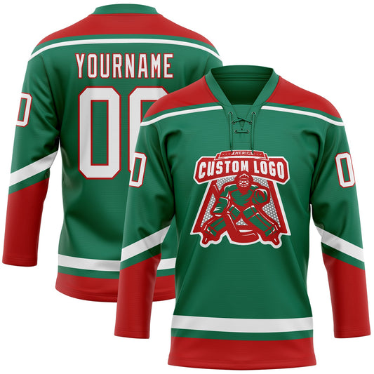 Custom Kelly Green White-Red Hockey Lace Neck Jersey - Sky-Custom