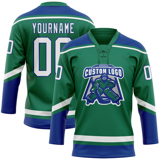 Custom Kelly Green White-Royal Hockey Lace Neck Jersey - Sky-Custom