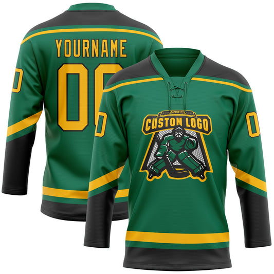 Custom Kelly Green Gold-Black Hockey Lace Neck Jersey - Sky-Custom