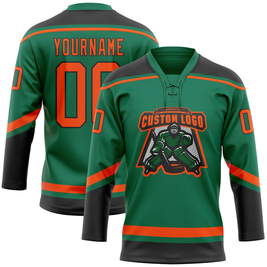 Custom Kelly Green Orange-Black Hockey Lace Neck Jersey - Sky-Custom