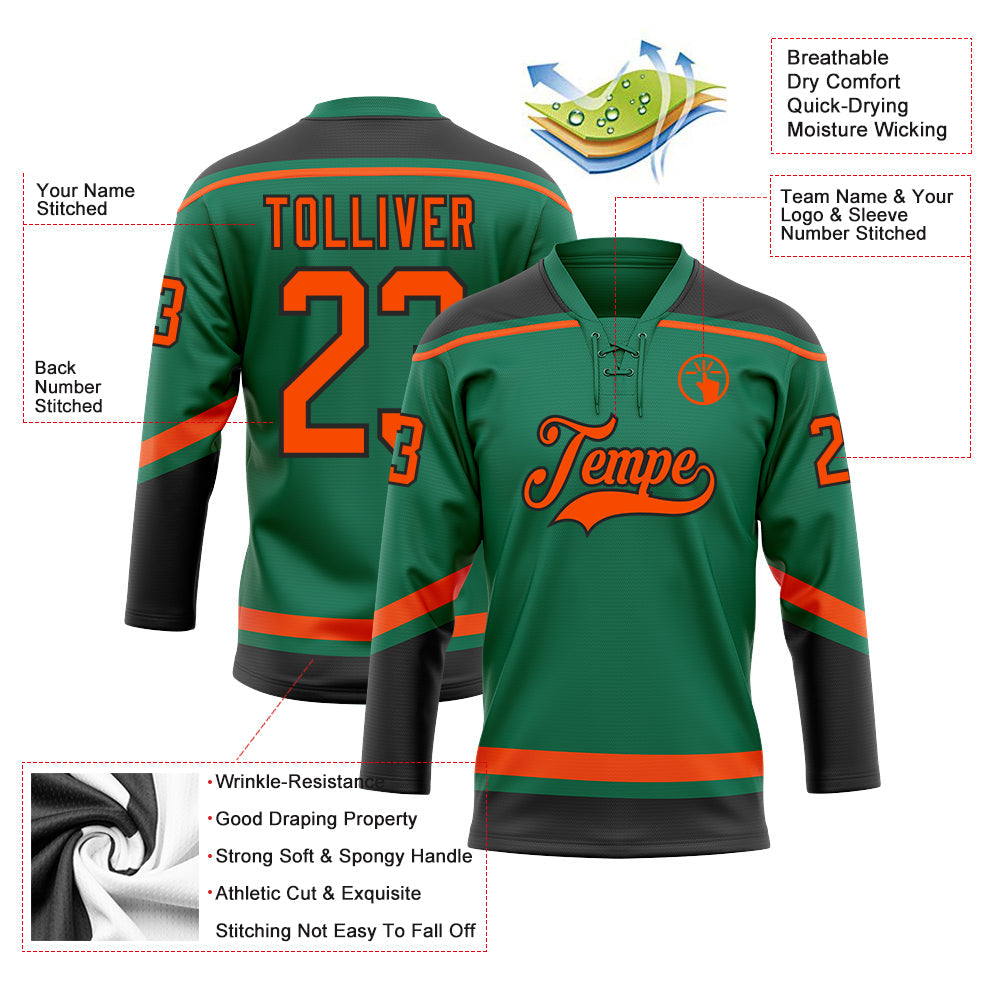 Custom Kelly Green Orange-Black Hockey Lace Neck Jersey - Sky-Custom