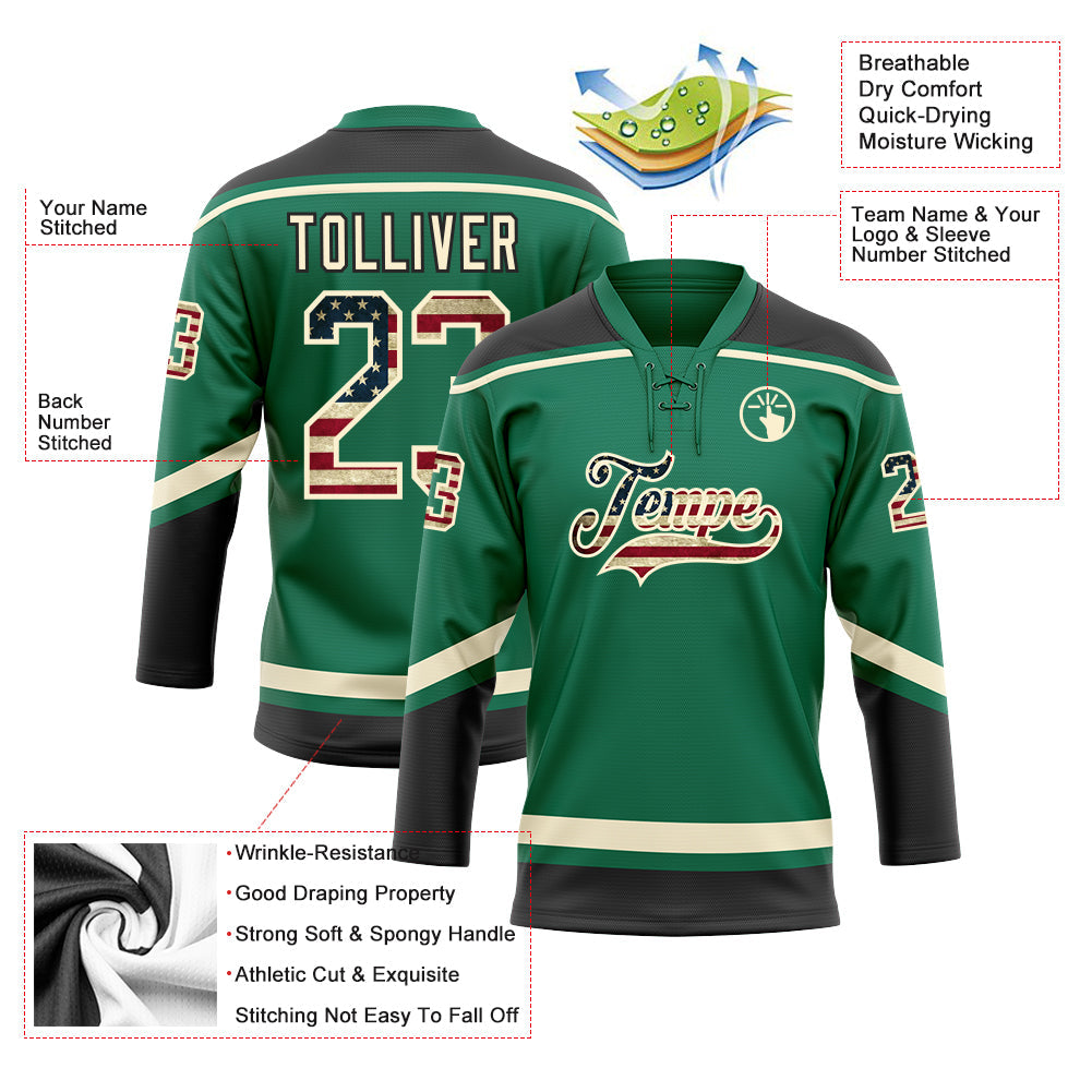 Custom Kelly Green Vintage USA Flag Cream-Black Hockey Lace Neck Jersey - Sky-Custom