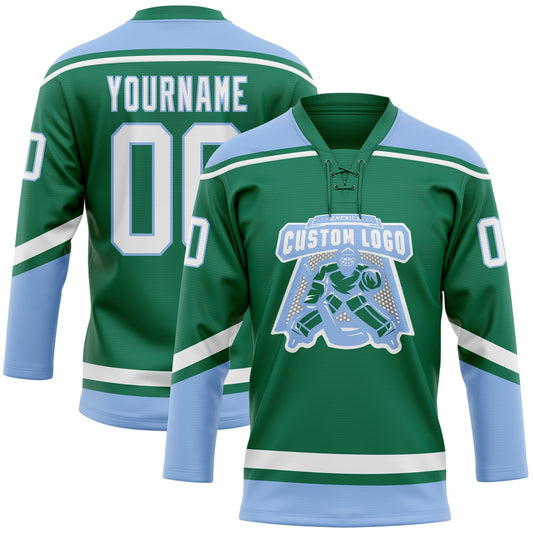 Custom Kelly Green White-Light Blue Hockey Lace Neck Jersey - Sky-Custom