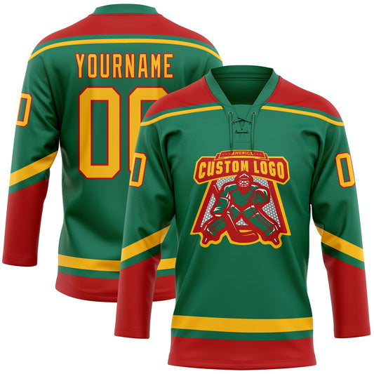 Custom Kelly Green Gold-Red Hockey Lace Neck Jersey - Sky-Custom