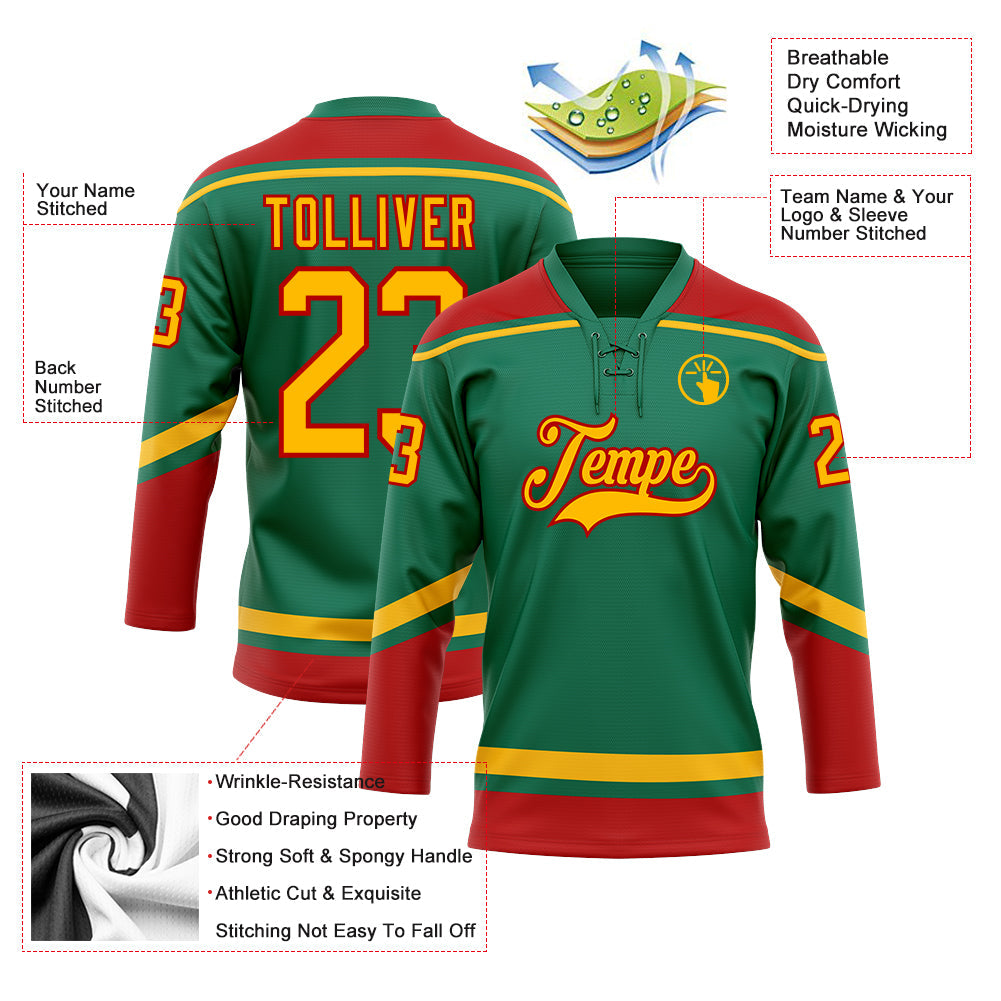 Custom Kelly Green Gold-Red Hockey Lace Neck Jersey - Sky-Custom