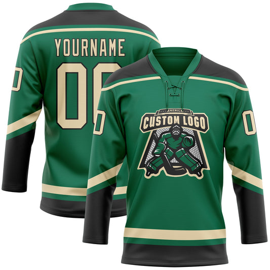 Custom Kelly Green City Cream-Black Hockey Lace Neck Jersey - Sky-Custom