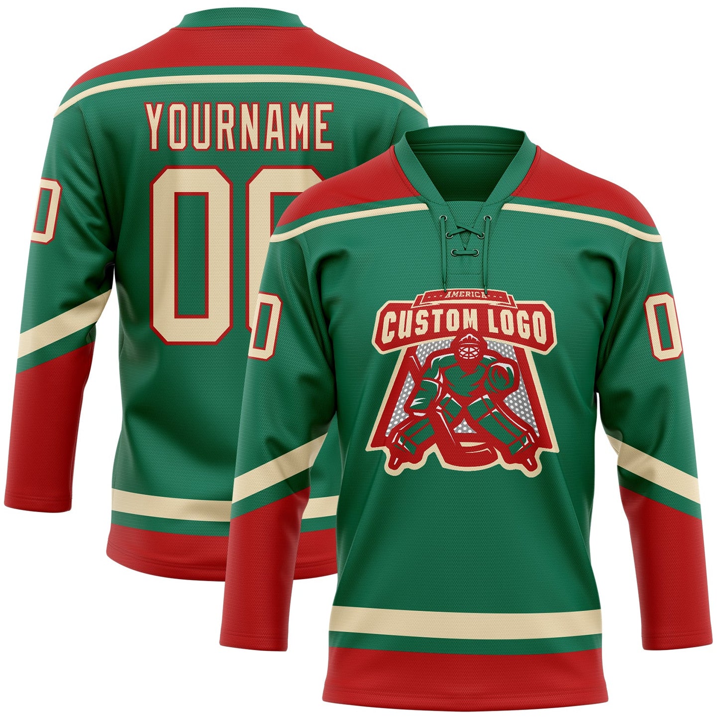 Custom Kelly Green City Cream-Red Hockey Lace Neck Jersey - Sky-Custom