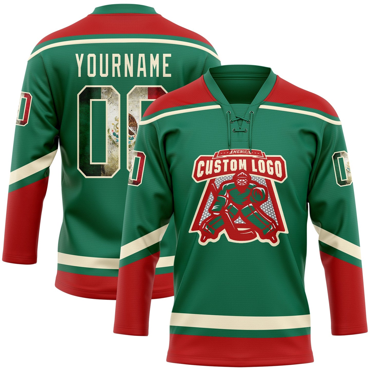 Custom Kelly Green Vintage Mexican Flag Cream-Red Hockey Lace Neck Jersey - Sky-Custom