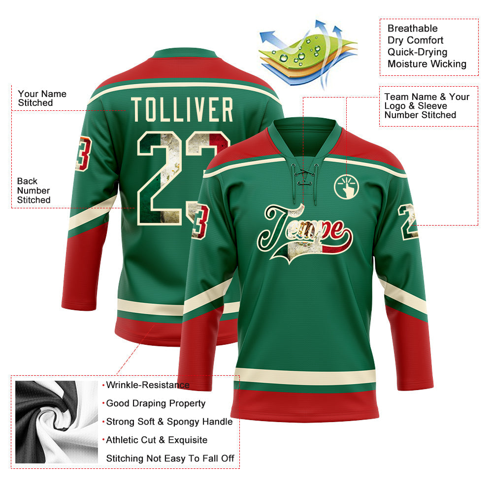 Custom Kelly Green Vintage Mexican Flag Cream-Red Hockey Lace Neck Jersey - Sky-Custom