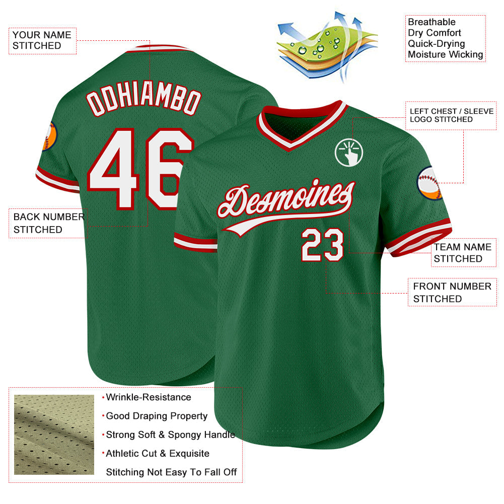 Custom Kelly Green White-Red Authentic Throwback Baseball Jersey - Sky-Custom
