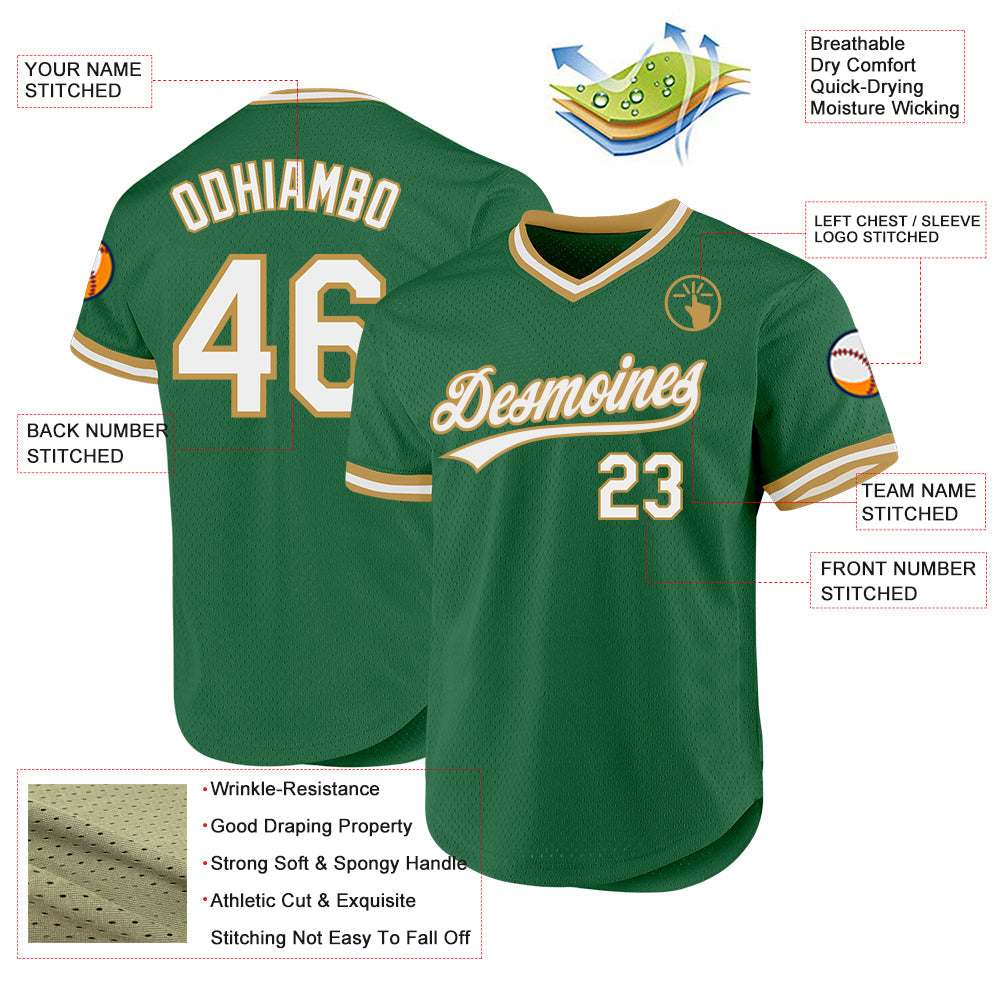 Custom Kelly Green White-Old Gold Authentic Throwback Baseball Jersey - Sky-Custom