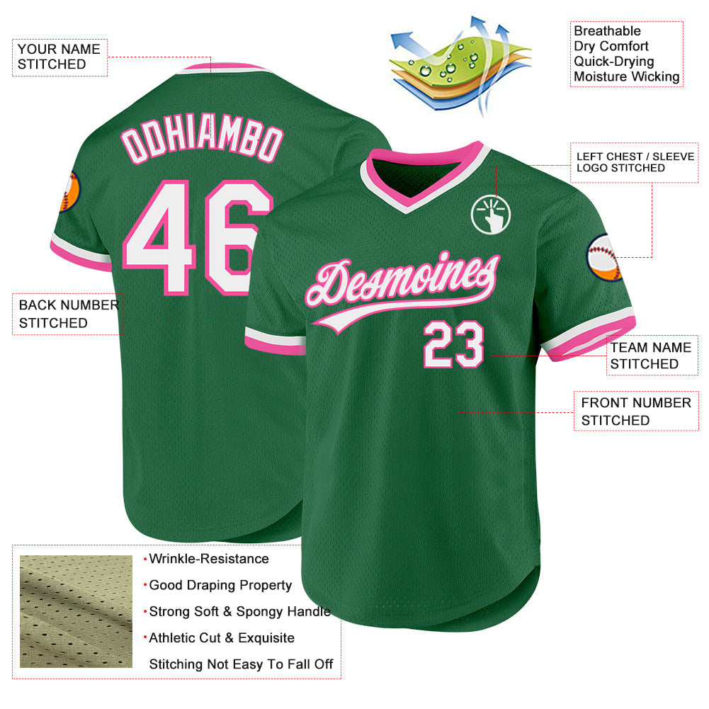 Custom Kelly Green White-Pink Authentic Throwback Baseball Jersey - Sky-Custom
