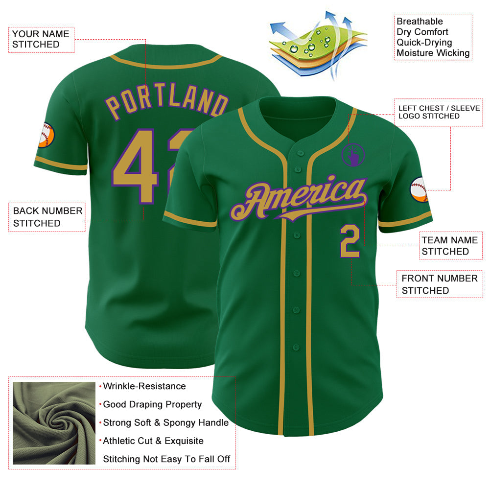 Custom Kelly Green Old Gold-Purple Authentic Baseball Jersey - Sky-Custom