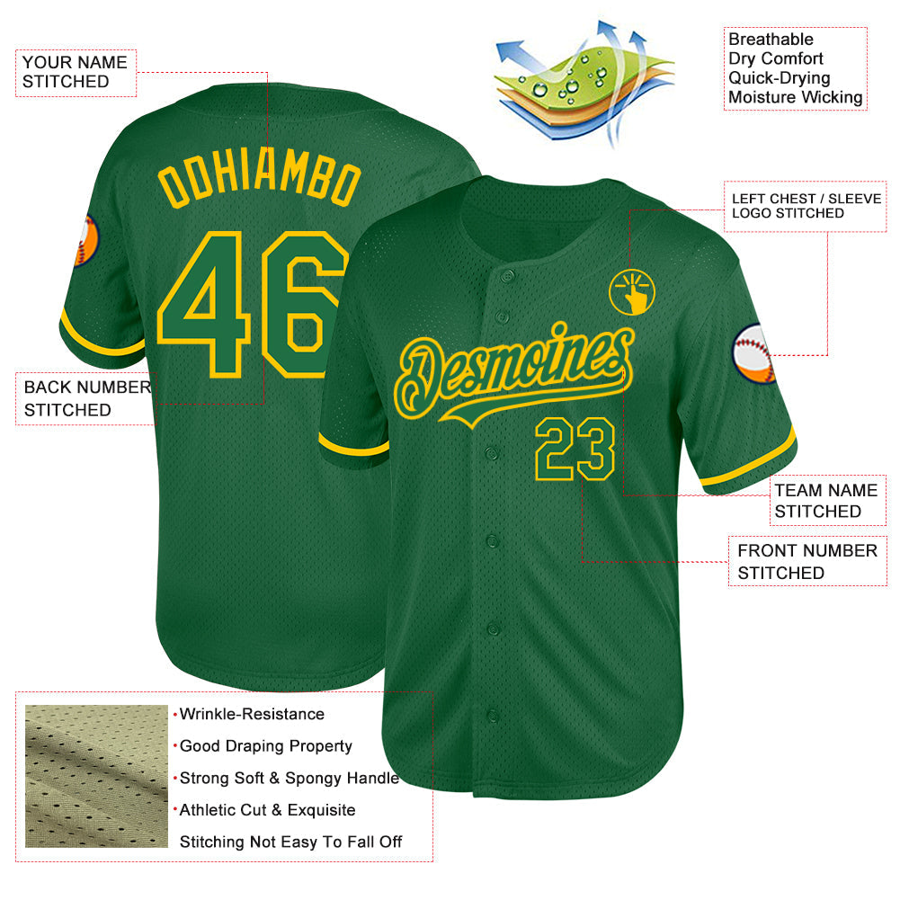 Custom Kelly Green Yellow Mesh Authentic Throwback Baseball Jersey - Sky-Custom