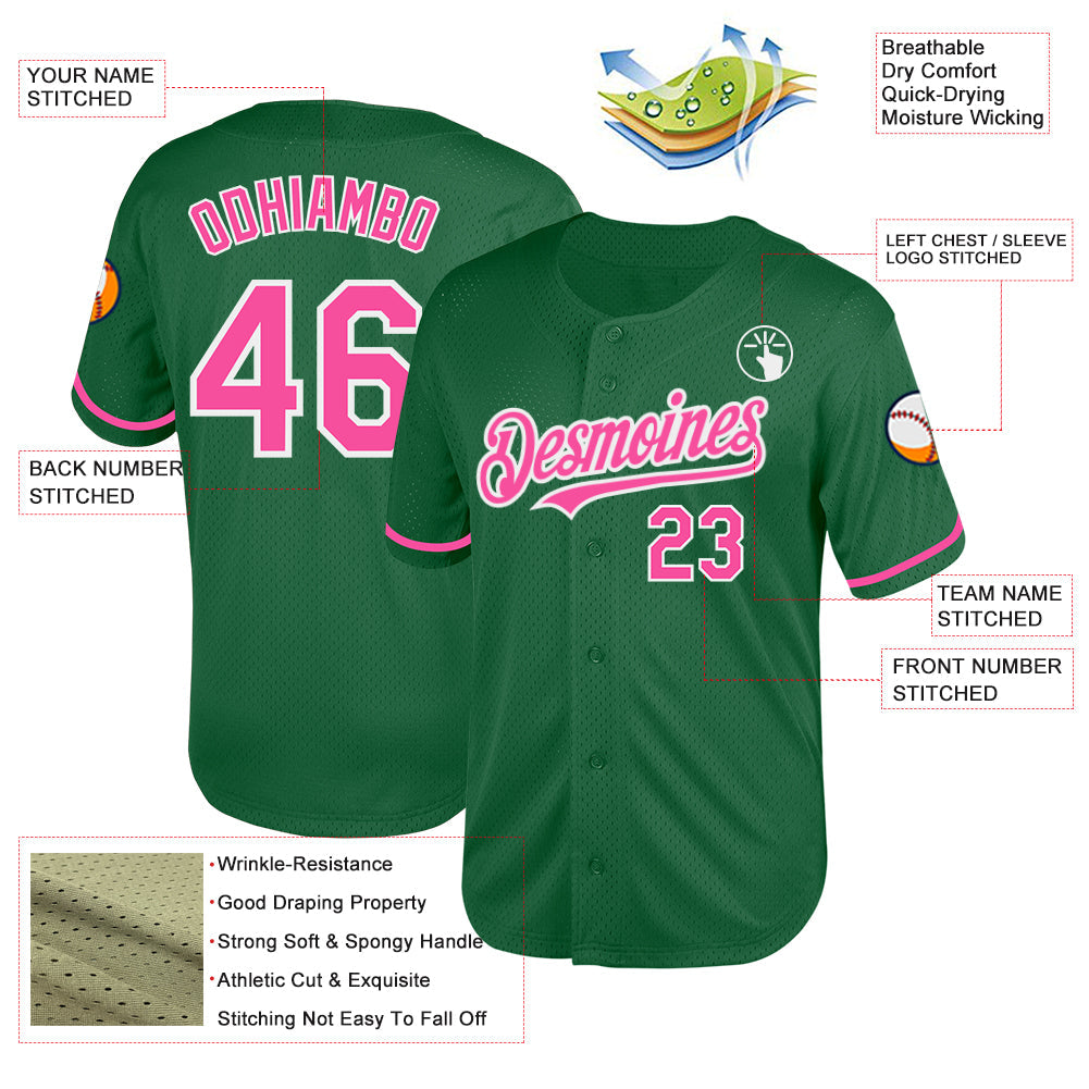 Custom Kelly Green Pink-White Mesh Authentic Throwback Baseball Jersey - Sky-Custom