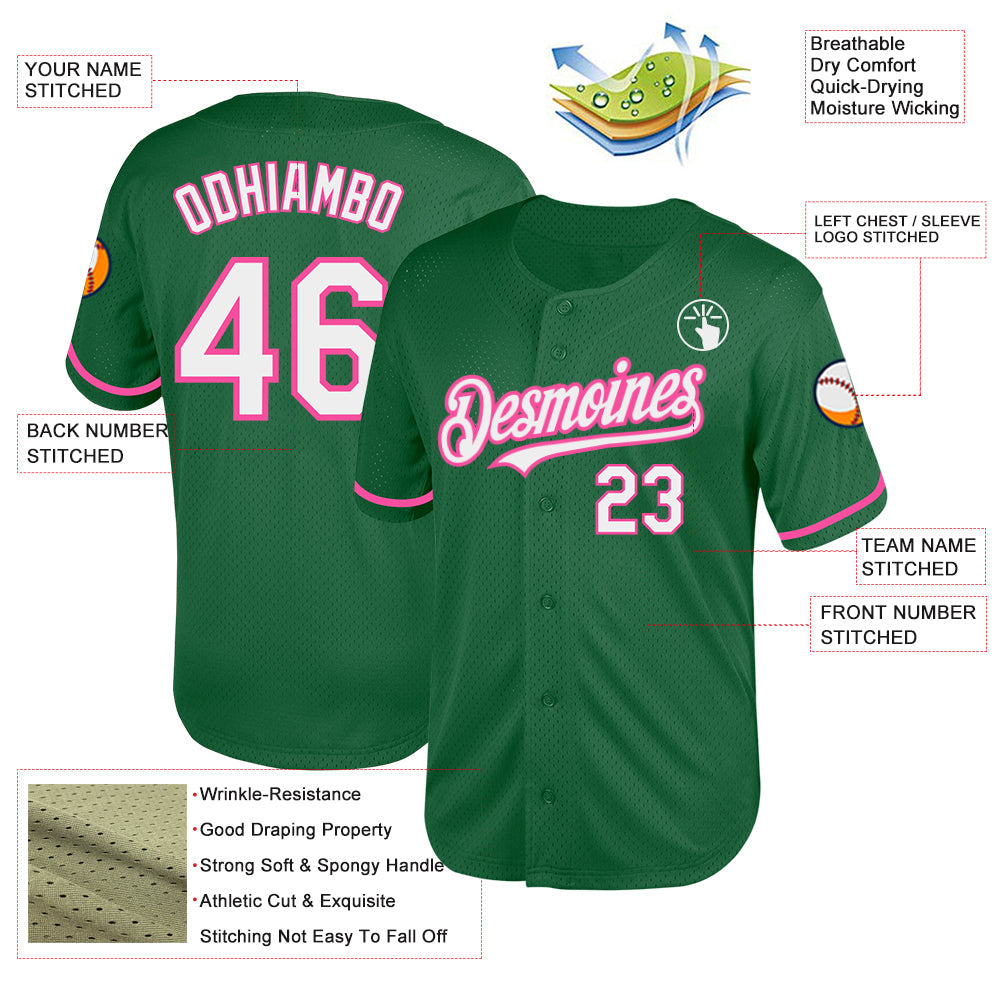 Custom Kelly Green White-Pink Mesh Authentic Throwback Baseball Jersey - Sky-Custom
