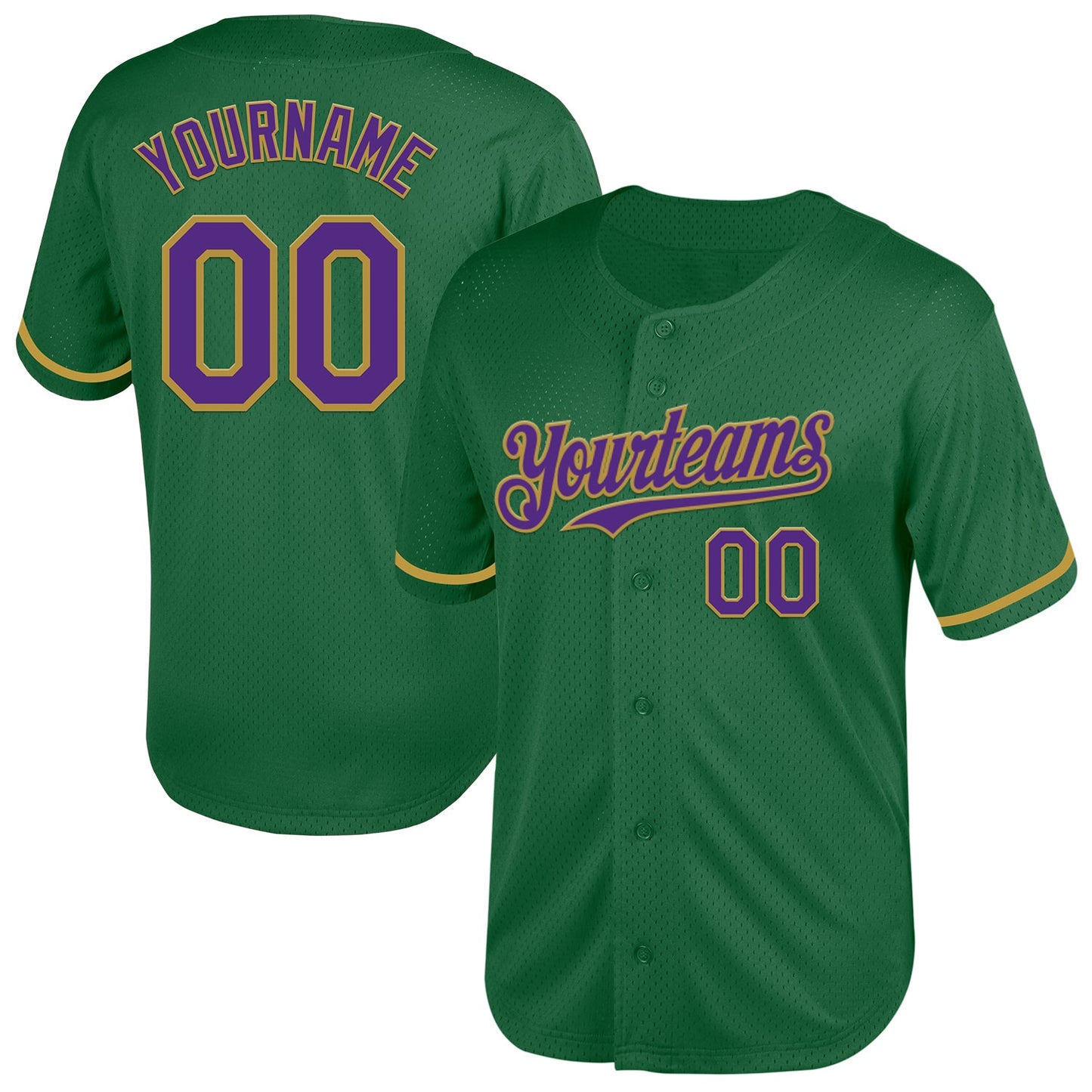 Custom Kelly Green Purple-Old Gold Mesh Authentic Throwback Baseball Jersey - Sky-Custom