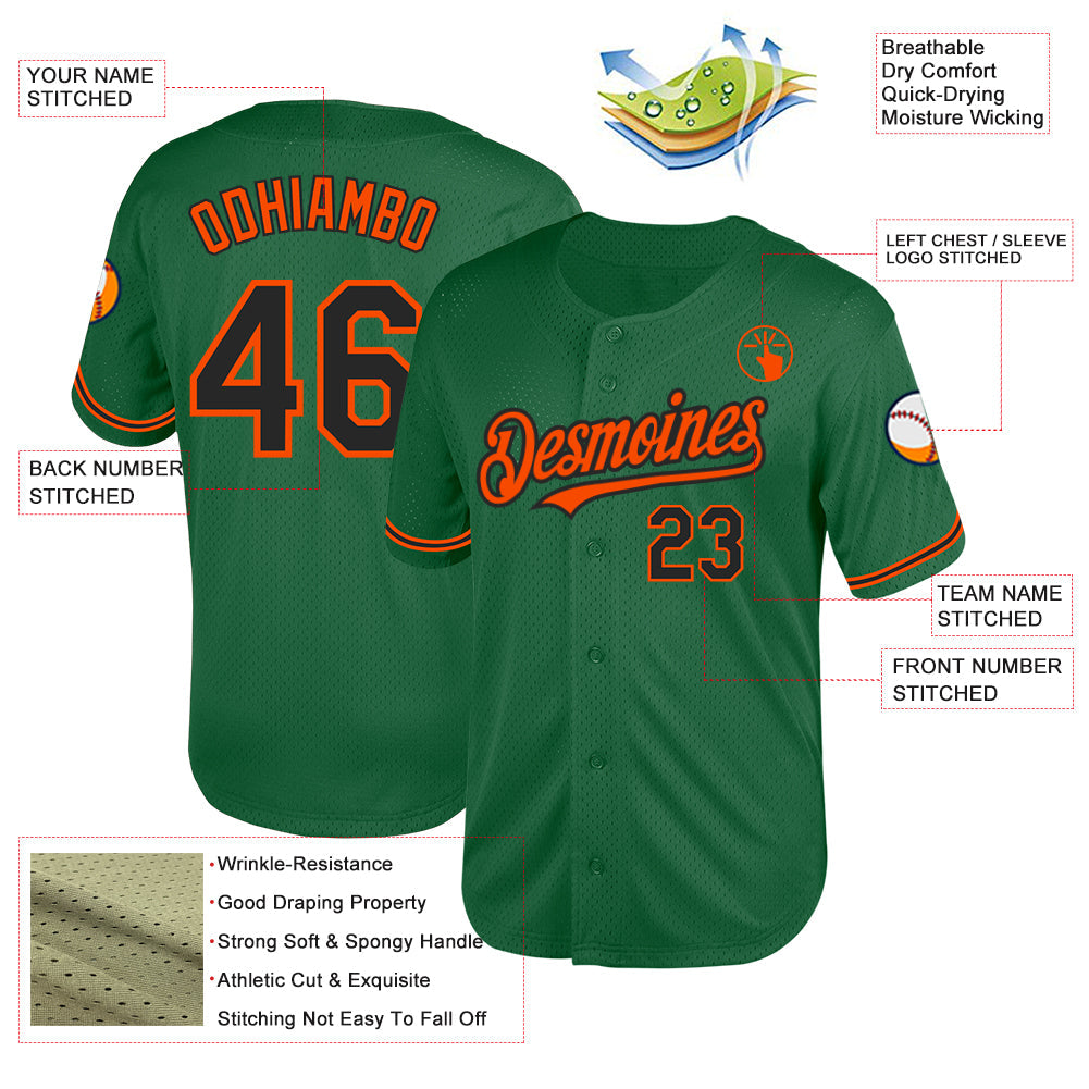 Custom Kelly Green Black-Orange Mesh Authentic Throwback Baseball Jersey - Sky-Custom
