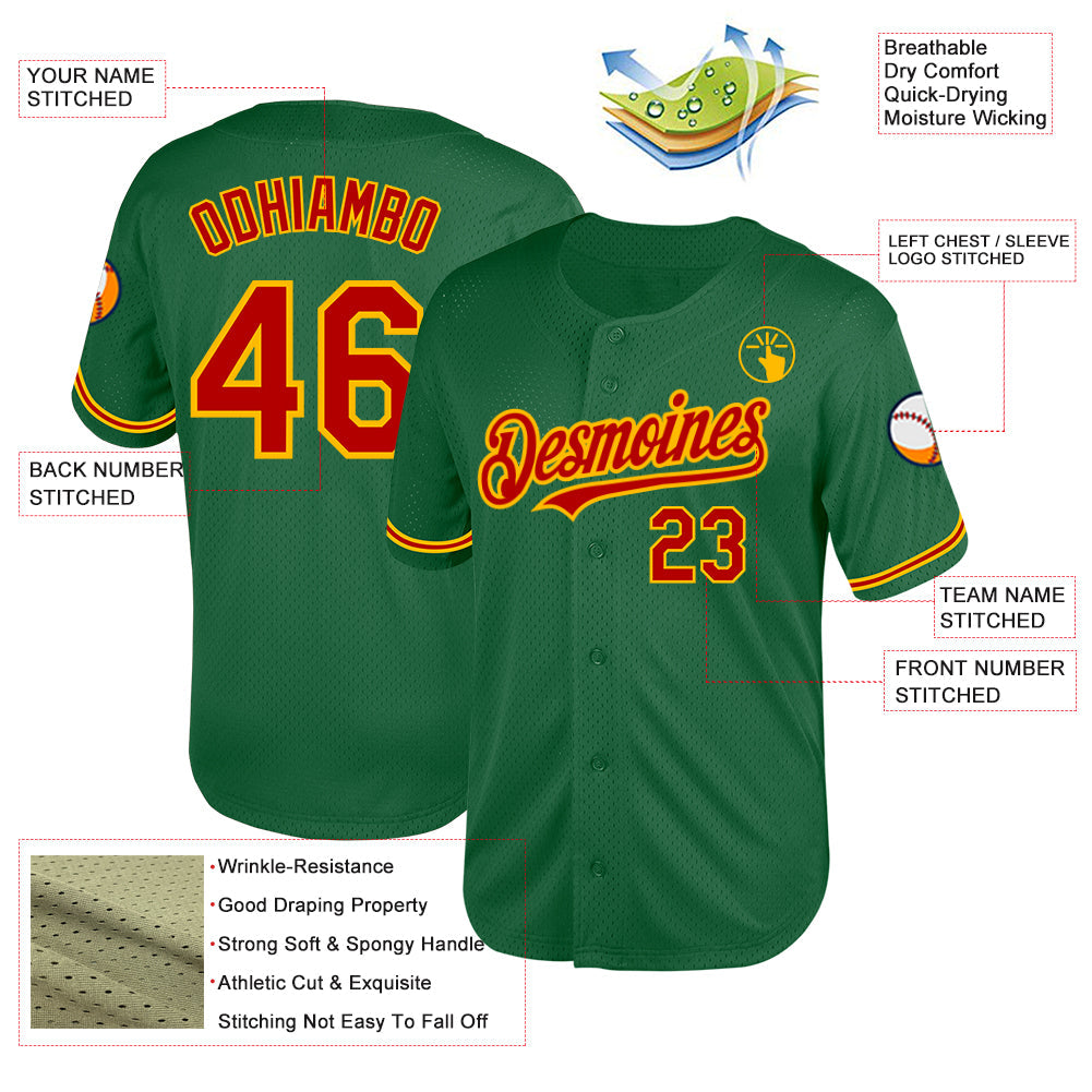 Custom Kelly Green Red-Gold Mesh Authentic Throwback Baseball Jersey - Sky-Custom