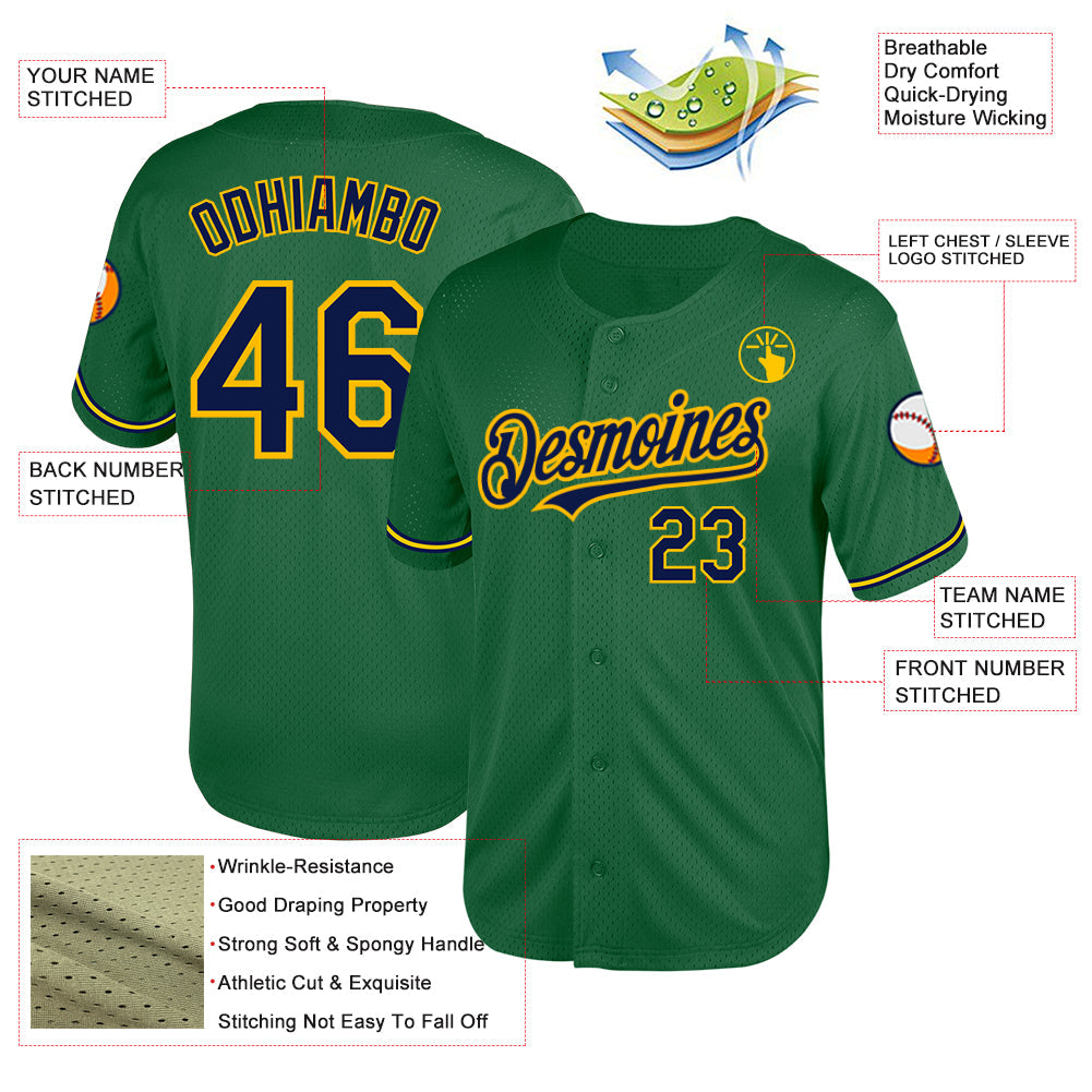 Custom Kelly Green Navy-Yellow Mesh Authentic Throwback Baseball Jersey - Sky-Custom