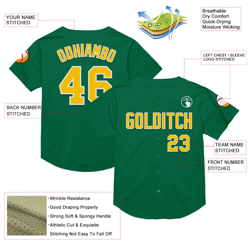 Custom Kelly Green Yellow-White Mesh Authentic Throwback Baseball Jersey - Sky-Custom