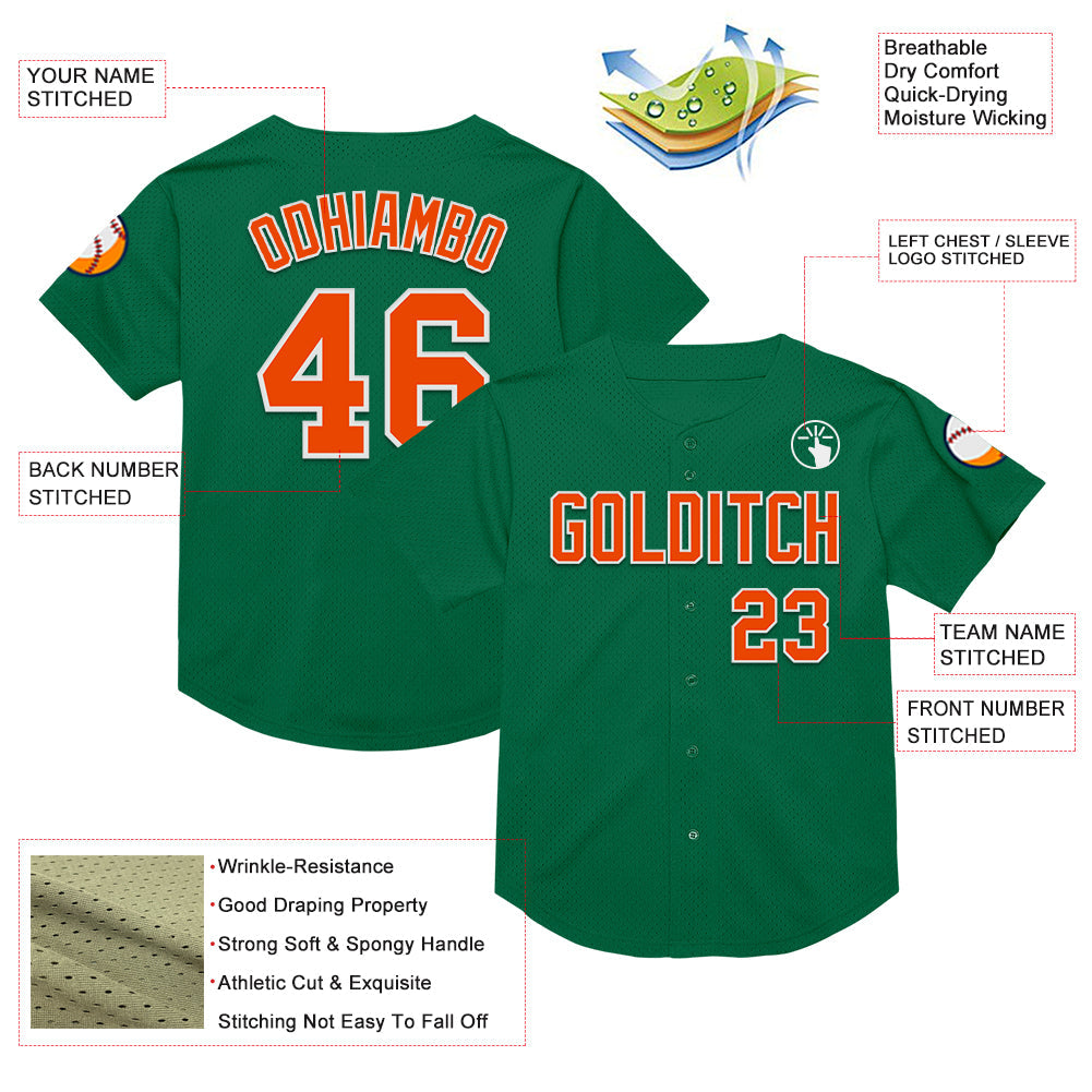 Custom Kelly Green Orange-White Mesh Authentic Throwback Baseball Jersey - Sky-Custom