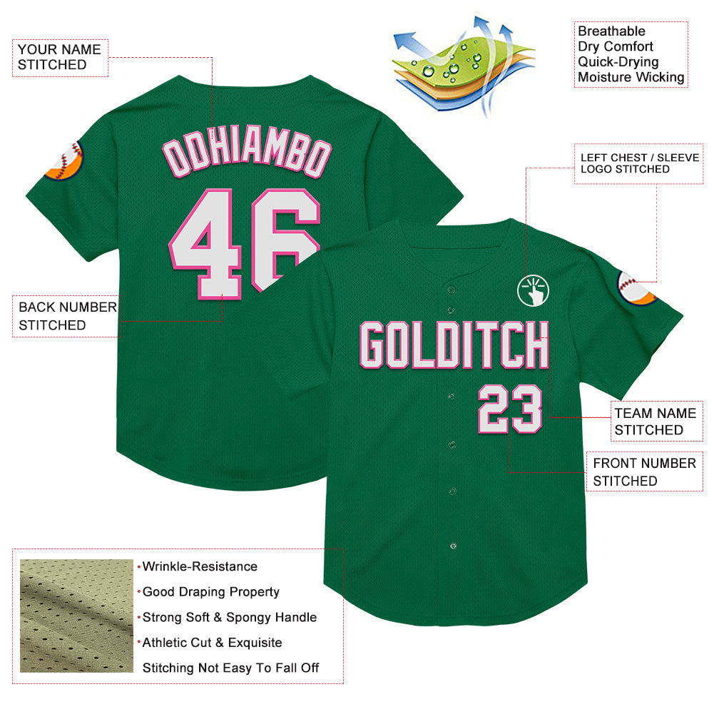 Custom Kelly Green White-Pink Mesh Authentic Throwback Baseball Jersey - Sky-Custom