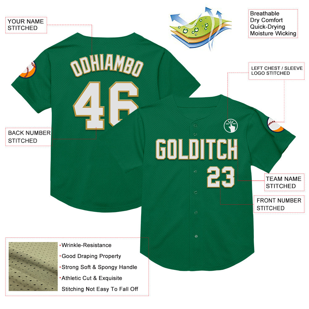 Custom Kelly Green White-Old Gold Mesh Authentic Throwback Baseball Jersey - Sky-Custom