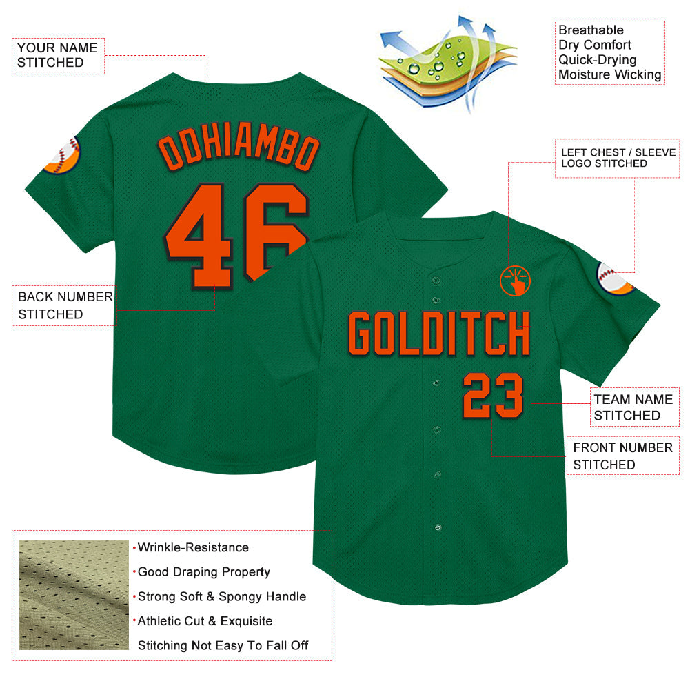 Custom Kelly Green Orange-Black Mesh Authentic Throwback Baseball Jersey - Sky-Custom