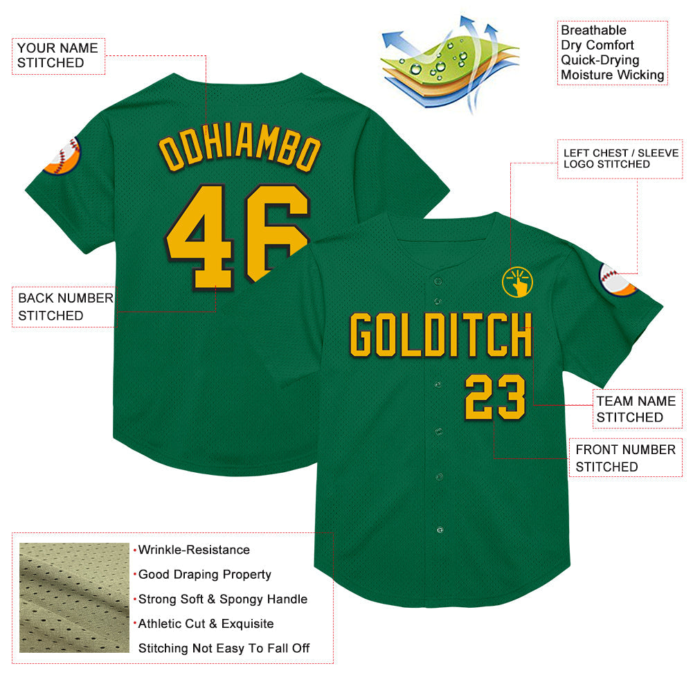 Custom Kelly Green Gold-Black Mesh Authentic Throwback Baseball Jersey - Sky-Custom