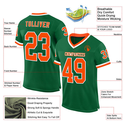 Custom Kelly Green Orange-White Mesh Authentic Throwback Football Jersey - Sky-Custom