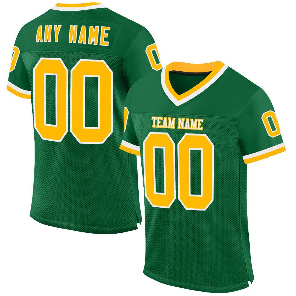 Custom Kelly Green Gold-White Mesh Authentic Throwback Football Jersey - Sky-Custom
