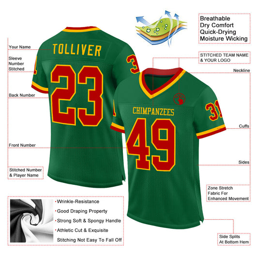 Custom Kelly Green Red-Gold Mesh Authentic Throwback Football Jersey - Sky-Custom