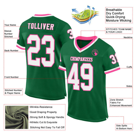 Custom Kelly Green White-Pink Mesh Authentic Throwback Football Jersey - Sky-Custom