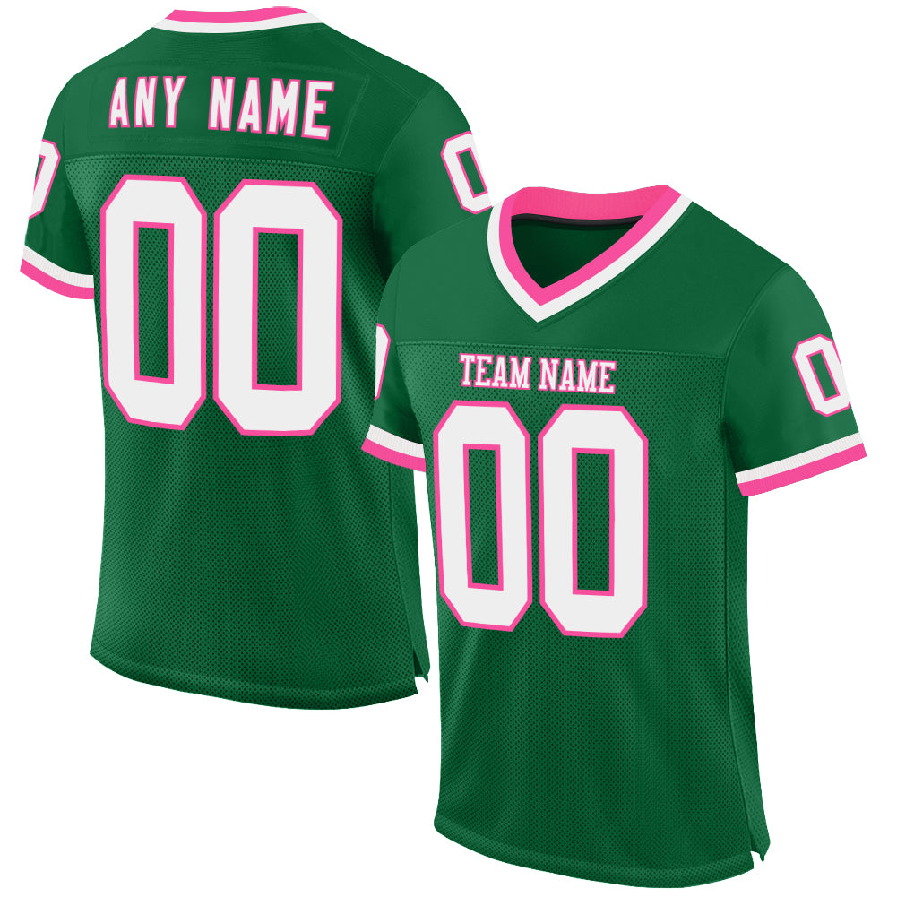 Custom Kelly Green White-Pink Mesh Authentic Throwback Football Jersey - Sky-Custom
