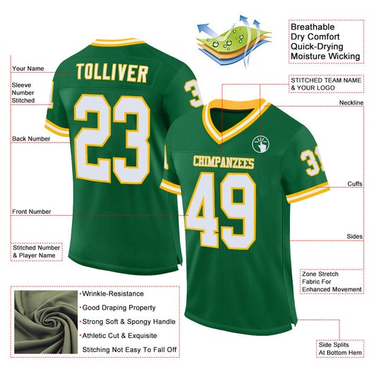 Custom Kelly Green White-Gold Mesh Authentic Throwback Football Jersey - Sky-Custom