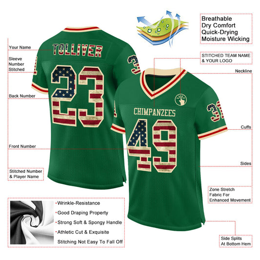 Custom Kelly Green Vintage USA Flag Cream-Red Mesh Authentic Throwback Football Jersey - Sky-Custom