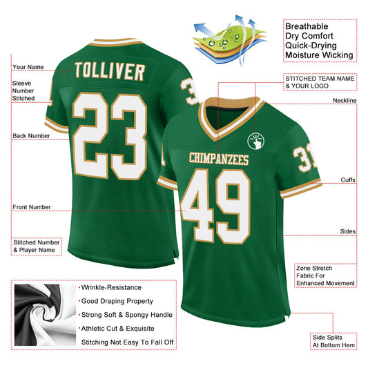 Custom Kelly Green White-Old Gold Mesh Authentic Throwback Football Jersey - Sky-Custom