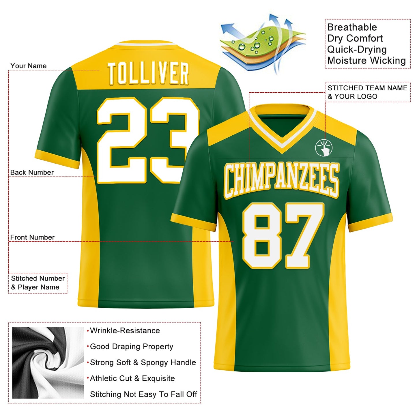 Custom Kelly Green White-Yellow Mesh Authentic Football Jersey - Sky-Custom