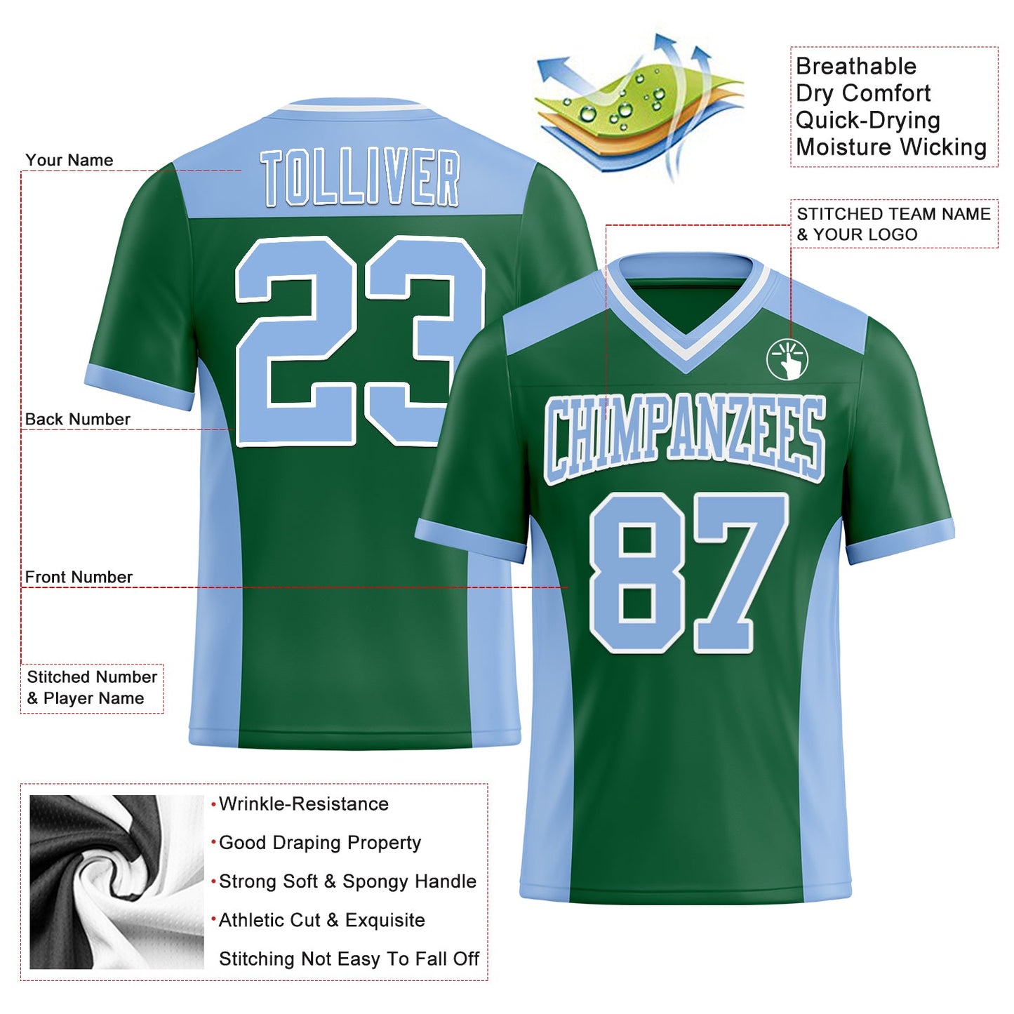 Custom Kelly Green Light Blue-White Mesh Authentic Football Jersey - Sky-Custom