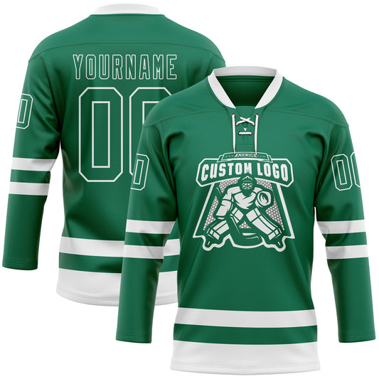 Custom Kelly Green White Hockey Lace Neck Jersey - Sky-Custom