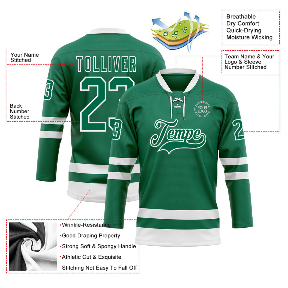 Custom Kelly Green White Hockey Lace Neck Jersey - Sky-Custom