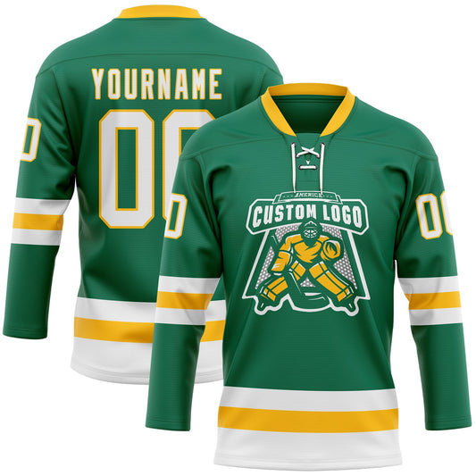 Custom Kelly Green White-Gold Hockey Lace Neck Jersey - Sky-Custom